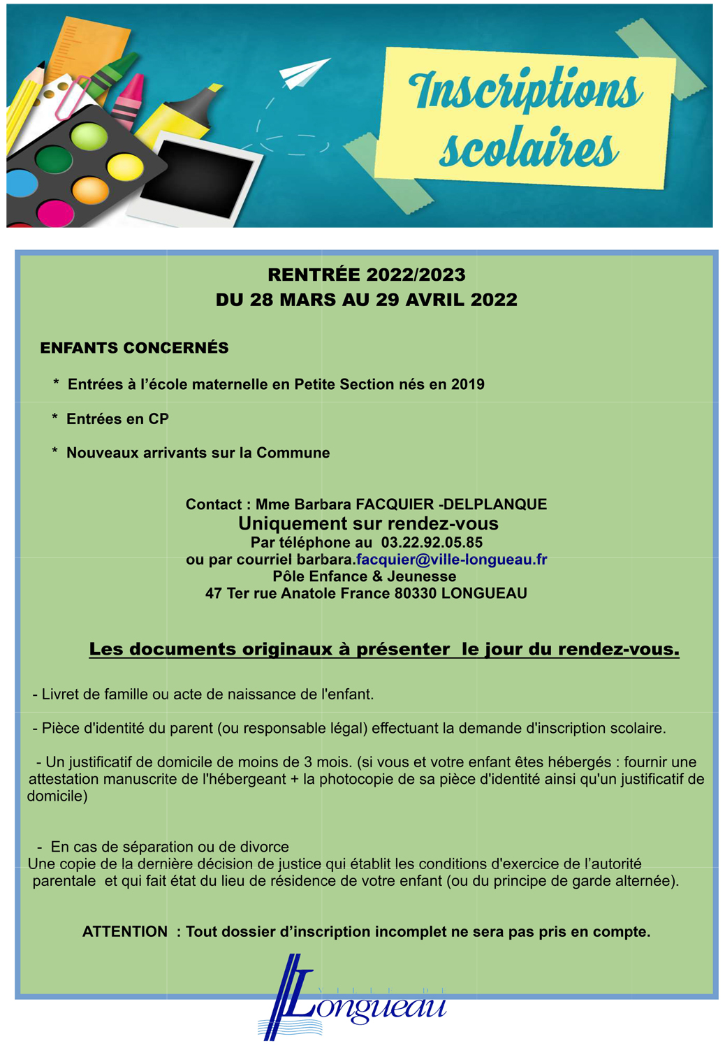 Inscriptions Scolaires, Rentrée 2022/2023 - Ville De Longueau